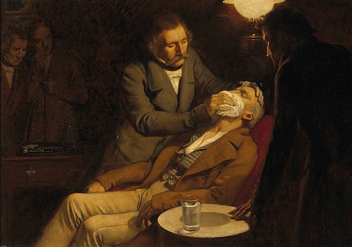 Primer uso del éter como anestésico en 1846 por el cirujano dentista William Morton, ilustrado por Ernest Board