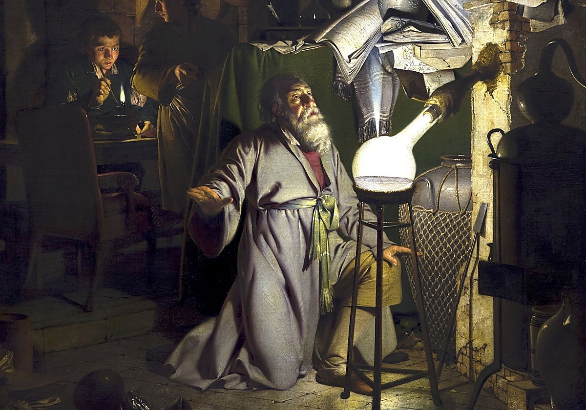 La pintura ilustra el descubrimiento del fósforo por Henning Brand en 1669