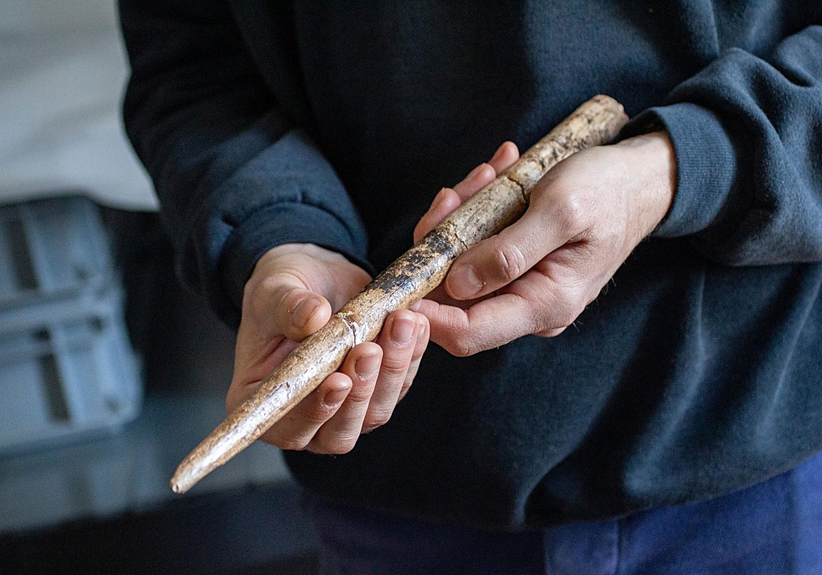 Punta de proyectil de gran tamaño fabricada con hueso de ballena gris hace unos 18.000 años, procedente del abrigo rocoso de Duruthy, en las Landas (Francia)