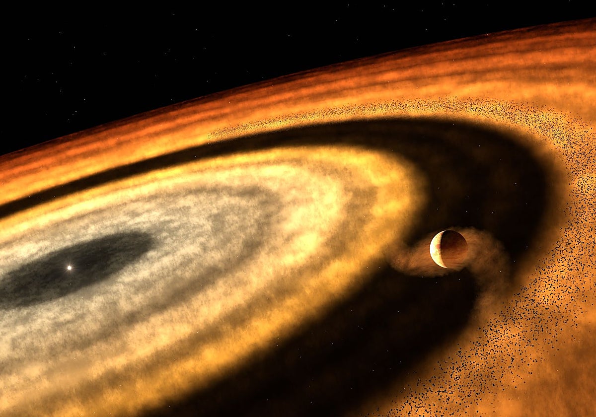 La ilustración muestra cómo WASP-121b acumuló la mayor parte de su gas tras haber despejado su órbita de guijarros sólidos, que almacenaban agua en forma de hielo