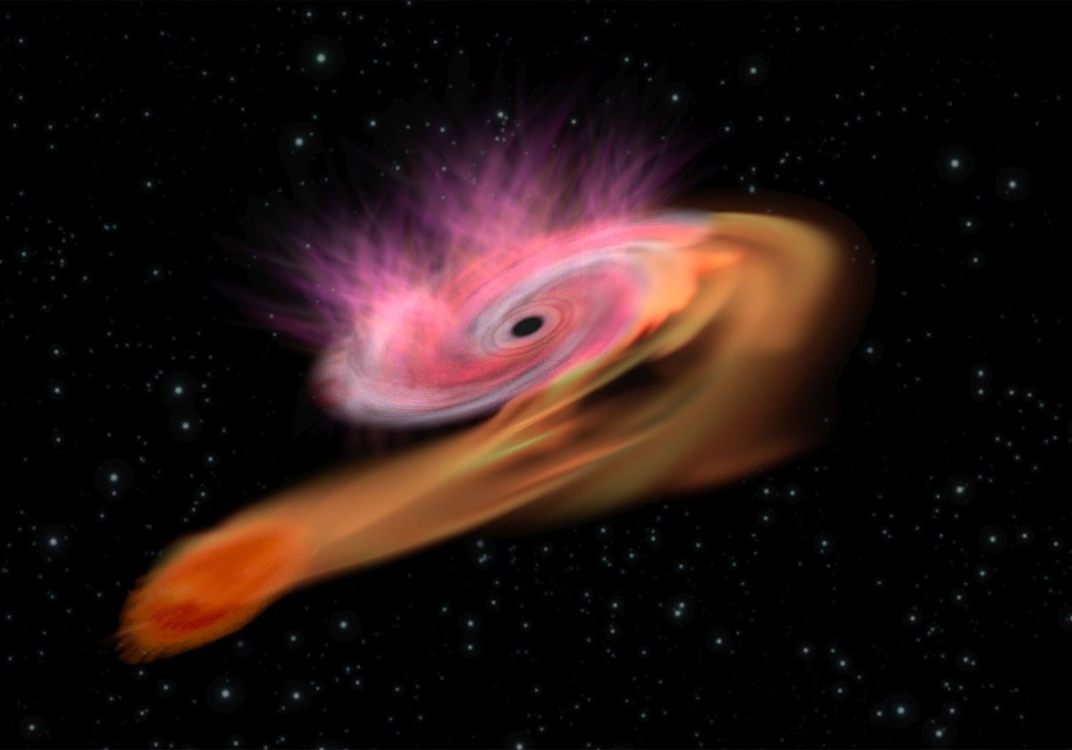 En la ilustración, un agujero negro supermasivo absorbe masa de una estrella que se aventuró a acercarse demasiado