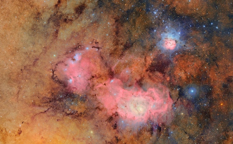 Main image - Above, the first images of the Trifid and Lagoon Nebulae captured by the Vera C. Rubin Observatory. This image combines 678 separate images taken in just over seven hours of observing time. Below left, a section of the full view of the Virgo Cluster taken by the NSF-DOE Vera C. Rubin Observatory. Two prominent spiral galaxies (lower right), three merging galaxies (upper right), several distant galaxy groups, and many Milky Way stars can be seen. Below right, another section of the Virgo Cluster.