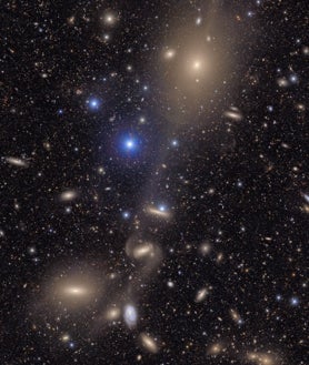 Secondary Image 2 - Above, the first images of the Trifid and Lagoon Nebulae captured by the Vera C. Rubin Observatory. This image combines 678 separate images taken in just over seven hours of observing time. Below left, a section of the full view of the Virgo Cluster taken by the NSF-DOE Vera C. Rubin Observatory. Two prominent spiral galaxies (lower right), three merging galaxies (upper right), several distant galaxy groups, and many Milky Way stars can be seen. Below right, another section of the Virgo Cluster.
