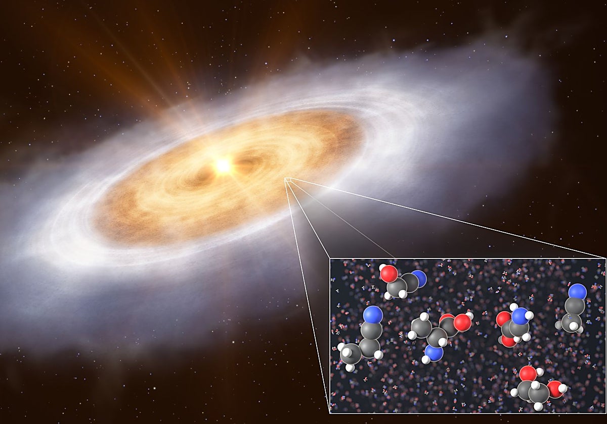 En la ilustración, el disco de formación planetaria alrededor de la estrella V883 Orionis, donde se han detectado moléculas orgánicas complejas