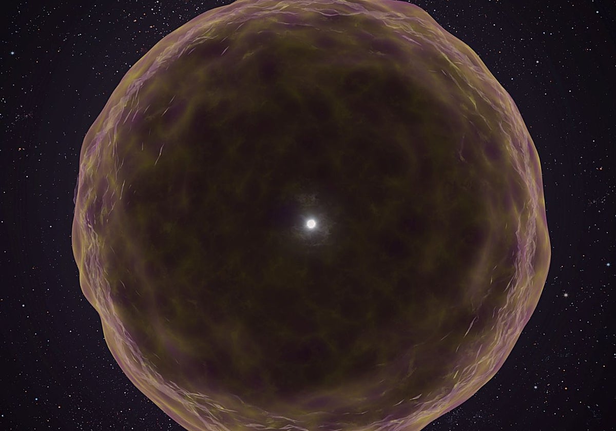 En la ilustración, los restos de la supernova 2021yfj. Su estrella fue despojada de sus capas externas mucho antes de la explosión, lo que ha permitido, por primera vez, observar directamente su estructura interna