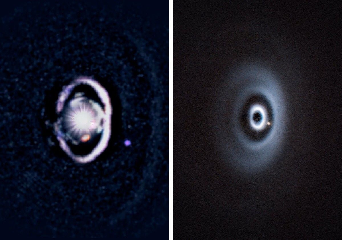 A la izquierda, el sistema WISPIT-2 fotografiado por el Telescopio Magallanes y el Gran Telescopio Binocular. El exoplaneta es la mancha azul de la derecha. A la derecha, WISPIT-2 fotografiado por el Very Large Telescope (VLT) del Observatorio Europeo del Sur (ESO). El planeta se distingue claramente en el interior del anillo oscuro