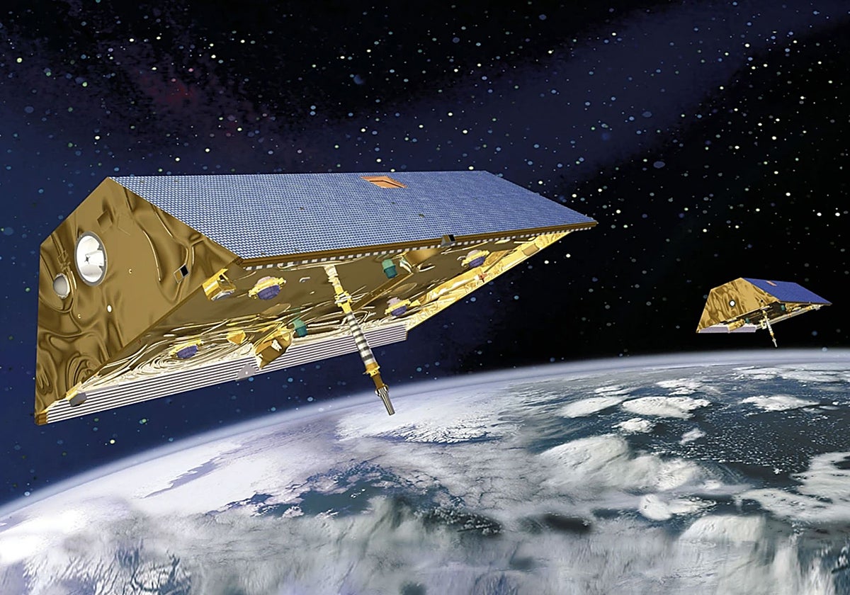 En la ilustración, los dos satélites de la misión GRACE, que entre 2002 y 2017 midieron los cambios gravitacionales sufridos por la Tierra