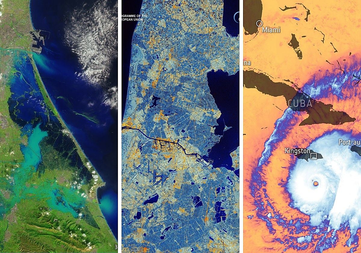 En la imagen de la izquierda, Valencia tras la dana; en medio, Ámsterdam en imagen de radar; a la derecha, el ojo del huracán Melissa; todas las imágenes tomadas por satélites Sentinel