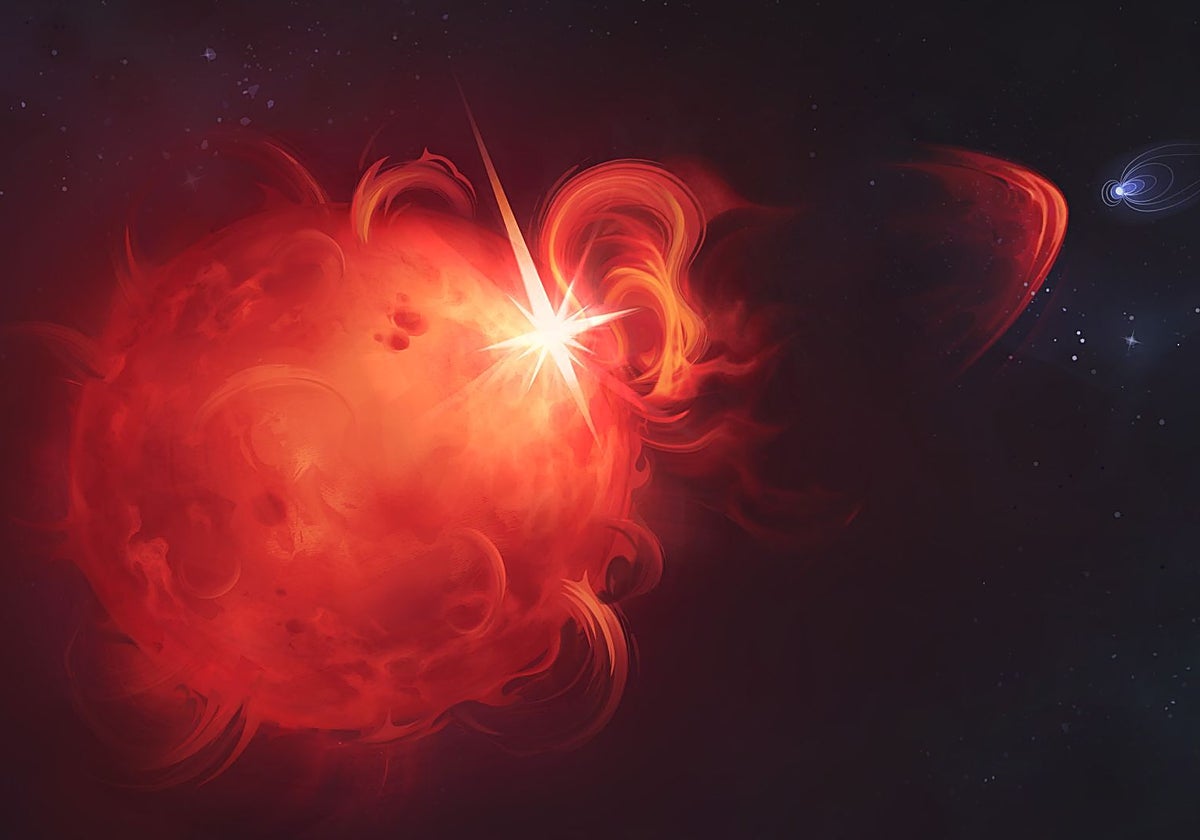 En la ilustración, una enana roja libera una gran cantidad de materia ardiente en un poderoso estallido. A lo lejos, se ve un pequeño planeta azul con un tenue rastro tras él, lo que indica que su atmósfera se está desprendiendo