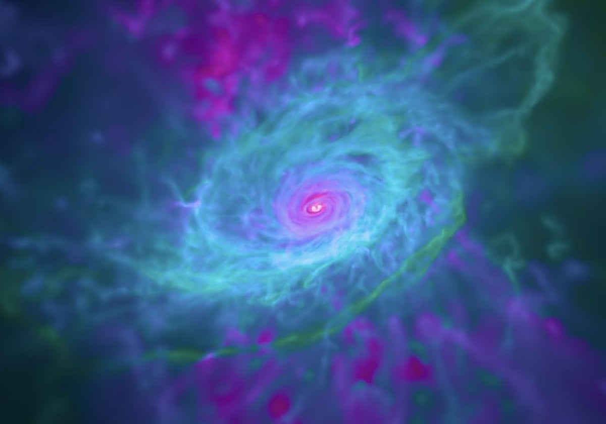 En la imagen, el disco de gas en una simulación de una galaxia similar a la Vía Láctea de la suite Auriga