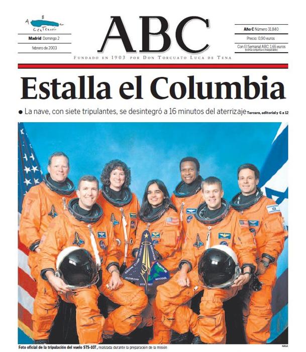 Portada de ABC el 2 de febrero de 2003 contando la tragedia del Columbia.