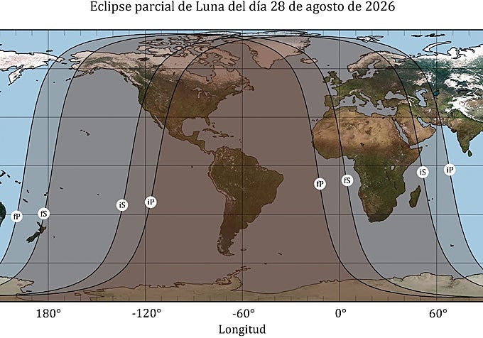 Dentro de la campana fP, la zona donde se verá el eclipse lunar total; en fS, la parte desde donde se verá la parcialidad.
