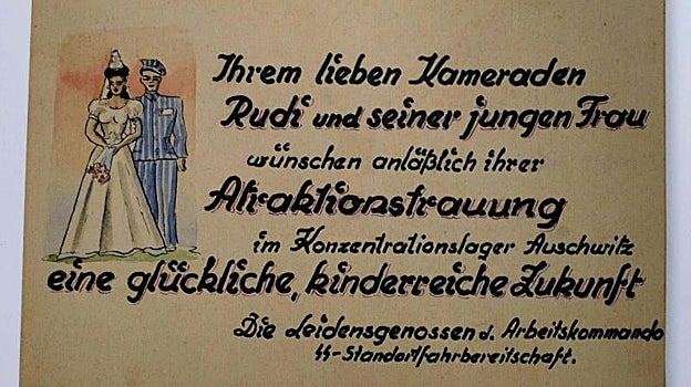 Tarjeta relacionada con la boda del prisionero austríaco Rudolf Friemel y la española Margarita Ferrer Rey