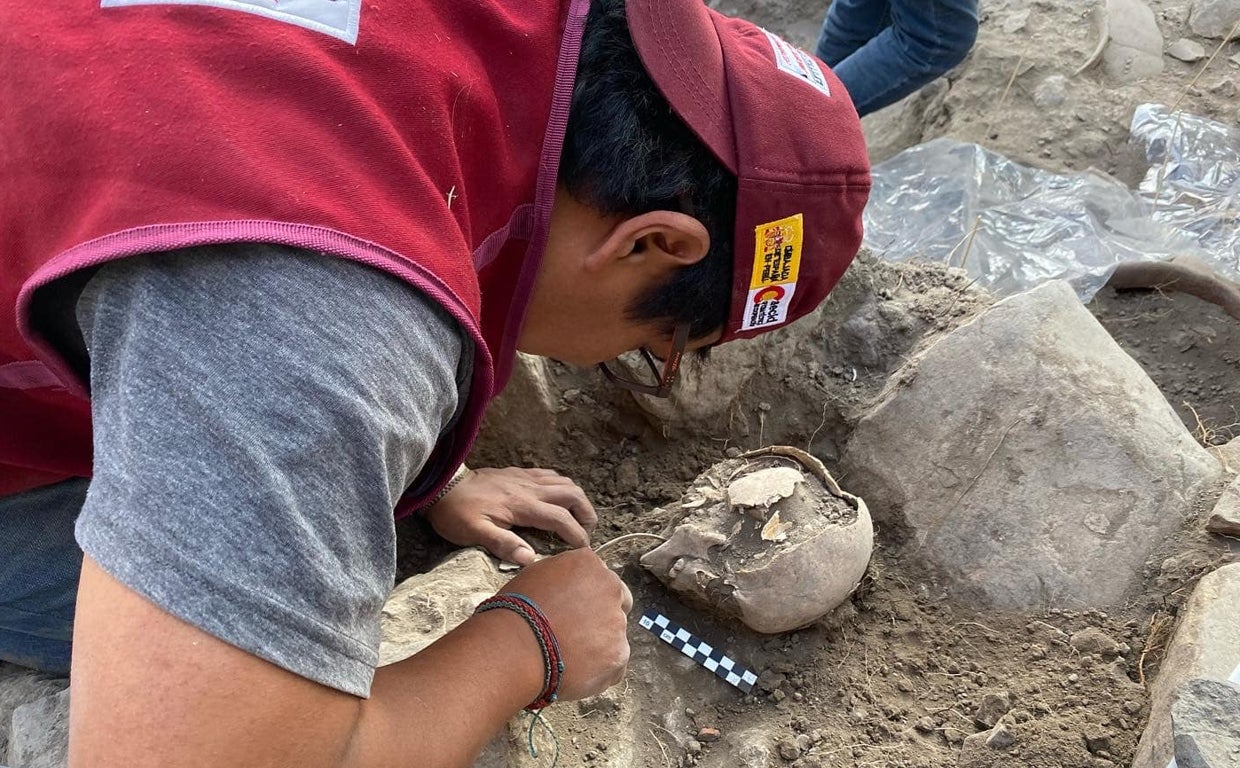 Un arqueólogo junto al cráneo de un niño hallado en la colina Santa Apolonia, en Cajamarca (Perú)