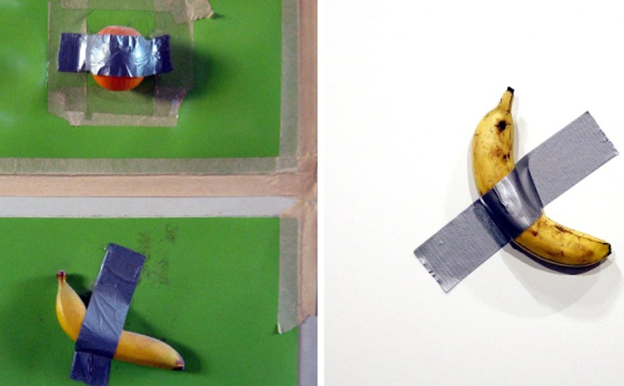 A la izquierda, 'Banana & Orange', de Joe Morford. A la derecha, 'Comedian', de Cattelan