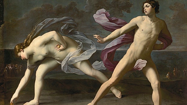 Imagen después - A la izquierda, 'Hipómenes y Atalanta', de Guido Reni, antes de su restauración, aún con los barnices oxidados que amarilleaban la composición. A la derecha, el hermoso cuadro luce espléndido tras su restauración por parte de Almudena Sánchez