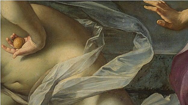 Imagen antes - Detalle del cuerpo desnudo de Atalanta con uno de los frutos en su mano y a la derecha la mano de Hipómenes. El joven tramó una argucia, ayudado por Venus, quien le da tres frutos dorados para distraer a Atalanta durante la carrera y ralentizarla