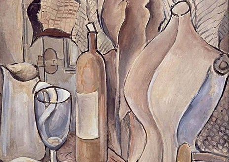 Imagen secundaria 1 - Arriba, 'Naturaleza muerta con conejo. Composición fuera del marco' (1926). Sobre estas líneas, de izquierda a derecha, 'El maniquí rosa' (1925) y retrato de Francisco Bores en su estudio, 1953. Fotografía de Henri Cartier-Bresson con dedicatoria a Carmen Bores