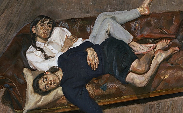 Imagen principal - Arriba, 'Bella y Esther', obra de 1988. Sobre estas líneas, un apunte y el retrato de Frank Auerbach