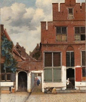 Imagen secundaria 2 - Arriba, 'Vista de Delft'. Sobre estas líneas, a la derecha, 'La callejuela'. Son las dos únicas vistas exteriores conocidas de Vermeer. Ambas, de su ciudad natal. Al igual que ocurre en sus interiores, también los exteriores son tranquilos, serenos y el tiempo parece haberse detenido. No reflejan el ajetreo ni el bullicio en sus calles. A la izquierda, 'Alegoría de la fe'. Era protestante, pero se cree que el pintor se convirtió al catolicismo tras su matrimonio