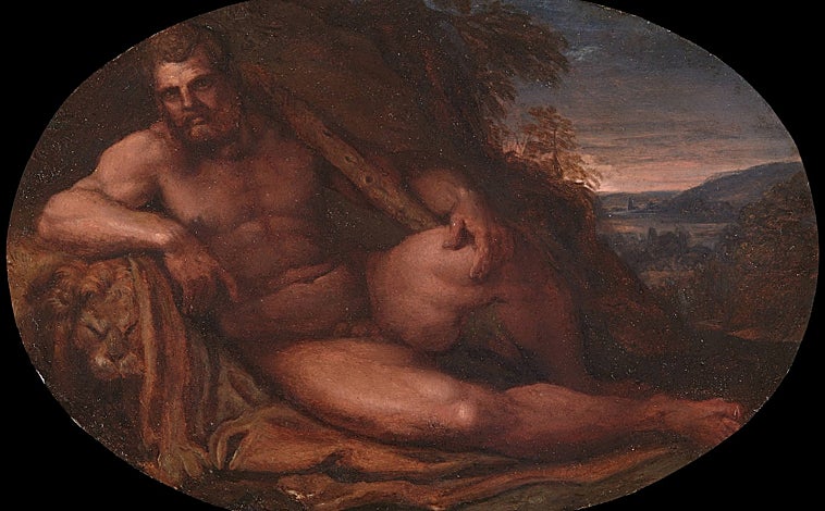 Imagen principal - Arriba, 'Hércules en reposo' de Carracci (Caylus). Sobre estas líneas, a la izquierda, 'Muchachas en la playa', de Sorolla (Artur Ramon). A la derecha, retrato pintado por Sánchez Coello (Colnaghi) 
