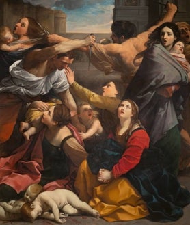 Imagen secundaria 2 - Arriba, tres versiones de Guido Reni del mismo tema: San Juan Bautista. Sobre estas líneas, a la izquierda, detalle de la 'Inmaculada Concepción', préstamo del Metropolitan Museum de Nueva York. A la derecha, detalle de 'La matanza de los inocentes', de la Pinacoteca Nacional de Bolonia 