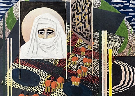 Imagen secundaria 1 - Sobre estas líneas, 'Temps Moderne et Tiers Monde', de 1975. A la derecha, 'Sin título' de la  serie 'Hommage aux bâtisseurs Islamique'. Arriba, 'Desastre de la Guerra Popular Libanesa', obra de 1978