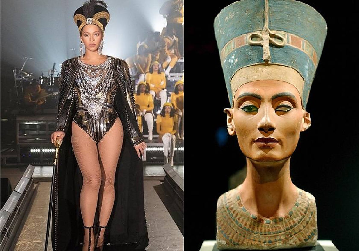Beyoncé, en el festival de Coachella en 2018 y el busto de Nefertiti