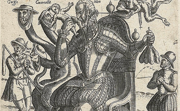 Imagen principal - De arriba abajo: 'El duque de Alba asesina a ciudadanos inocentes en los Países Bajos' (1572), una foto que ilustró una noticia falsa del periódico de Hearst para justificar la guerra hispano-americana y una foto del Papa Francisco creada con inteligencia artificial