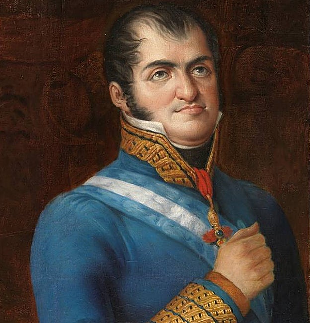 'Desembarco de Fernando VII en el Puerto de Santa María', de José Aparicio. Troceado en 21 fragmentos, los compró en el Rastro el marqués de Cerralbo. Arriba, retrato del Monarca, uno de los fragmentos