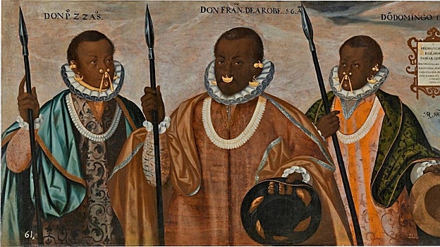 'Los tres mulatos de Esmeraldas' (1599) de Andrés Sánchez Galque. Retrato de Francisco de Arobe y sus hijos Pedro y Domingo