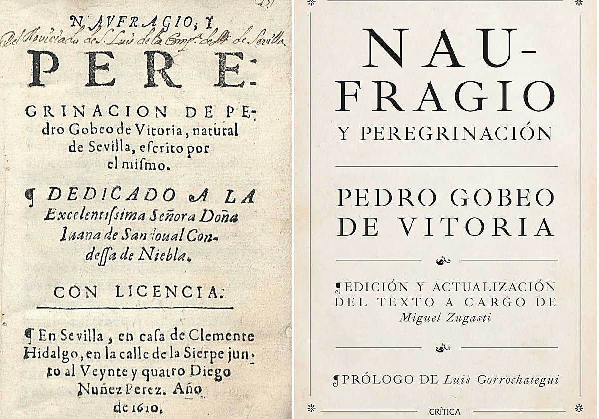 Portada original y nueva edición y actualización del libro 'Naufragio y peregrinación' de Pedro Gobeo de Vitoria