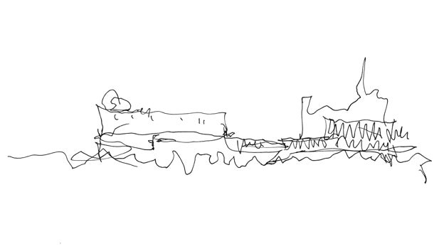 Primer croquis del museo que Emilio Tuñón y Luis Moreno Mansilla esbozaron en 1999