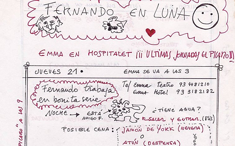 Imagen principal - De arriba abajo: una nota de Emma Cohen con instrucciones a Fernán Gómez por un viaje de trabajo, una carta a los Reyes Magos que Fernando escribía cada año a petición de Emma y un dibujo para 'La vida por delante'