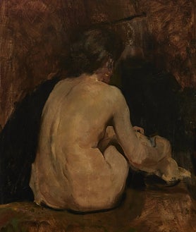 Imagen secundaria 2 - Arriba, una mujer contempla 'Desnudo femenino', de 1902. Es el particular homenaje de Sorolla a Velázquez y su 'Venus del espejo'. Propiedad de la familia Sorolla. Sobre estas líneas, a la izquierda, 'El Rey Alfonso XIII'. Estudio para la pintura 'La Regencia', 1903. Colección Cristina Heeren Noble. A la derecha, 'Desnudo femenino de espaldas'. Colección privada
