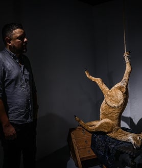 Imagen secundaria 2 - Sobre estas líneas, algunos de los contenidos de la muestra actual 'América: breve historia natural y política'. A la derecha, Halim Badawi con una de las obras de la exposición. Arriba, luminoso de Archivo Arkhé en la calle Doctor Fourquet