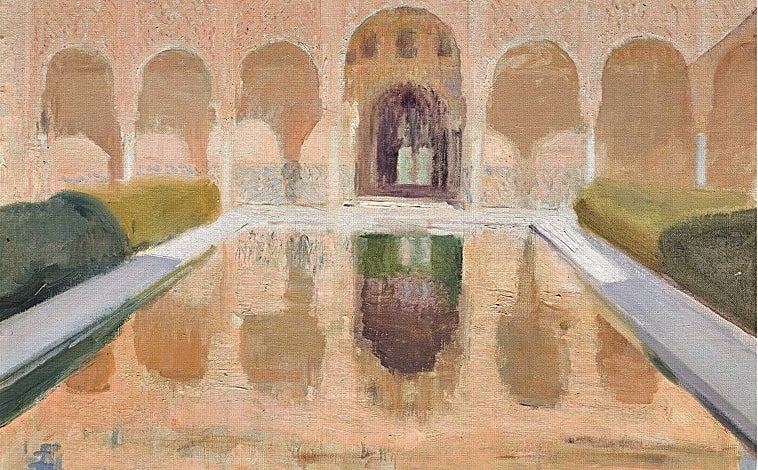 Imagen principal - Arriba, 'Patio de Comares, Alhambra de Granada', 1917. Sobre estas líneas, a la izquierda, 'Cala de San Vicente', Mallorca_1919. A la derecha, 'Jardín del Alcázar de Sevilla', 1918