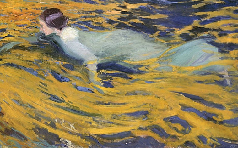 Imagen principal - Arriba, 'Nadadora', Jávea, 1905. Sobre estas líneas, a la izquierda, 'Bajo el toldo', Biarritz, 1906. A la derecha, 'Pescadora valenciana con cestos', 1916