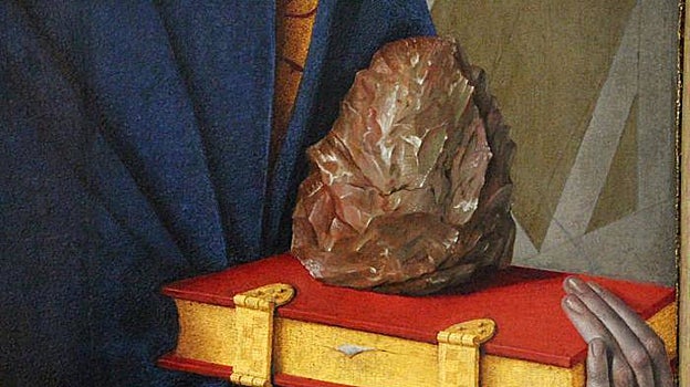 Detalle del hacha prehistórica pintada en el díptico