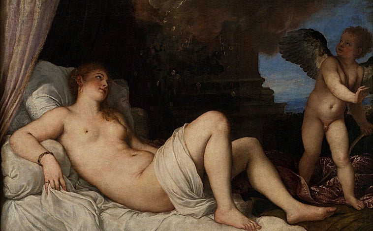 Imagen principal - Sobre estas líneas, 'Apolo y Marsias' de Ribera, y 'La Crucifixión' de Masaccio. Arriba, 'Danae', de Tiziano