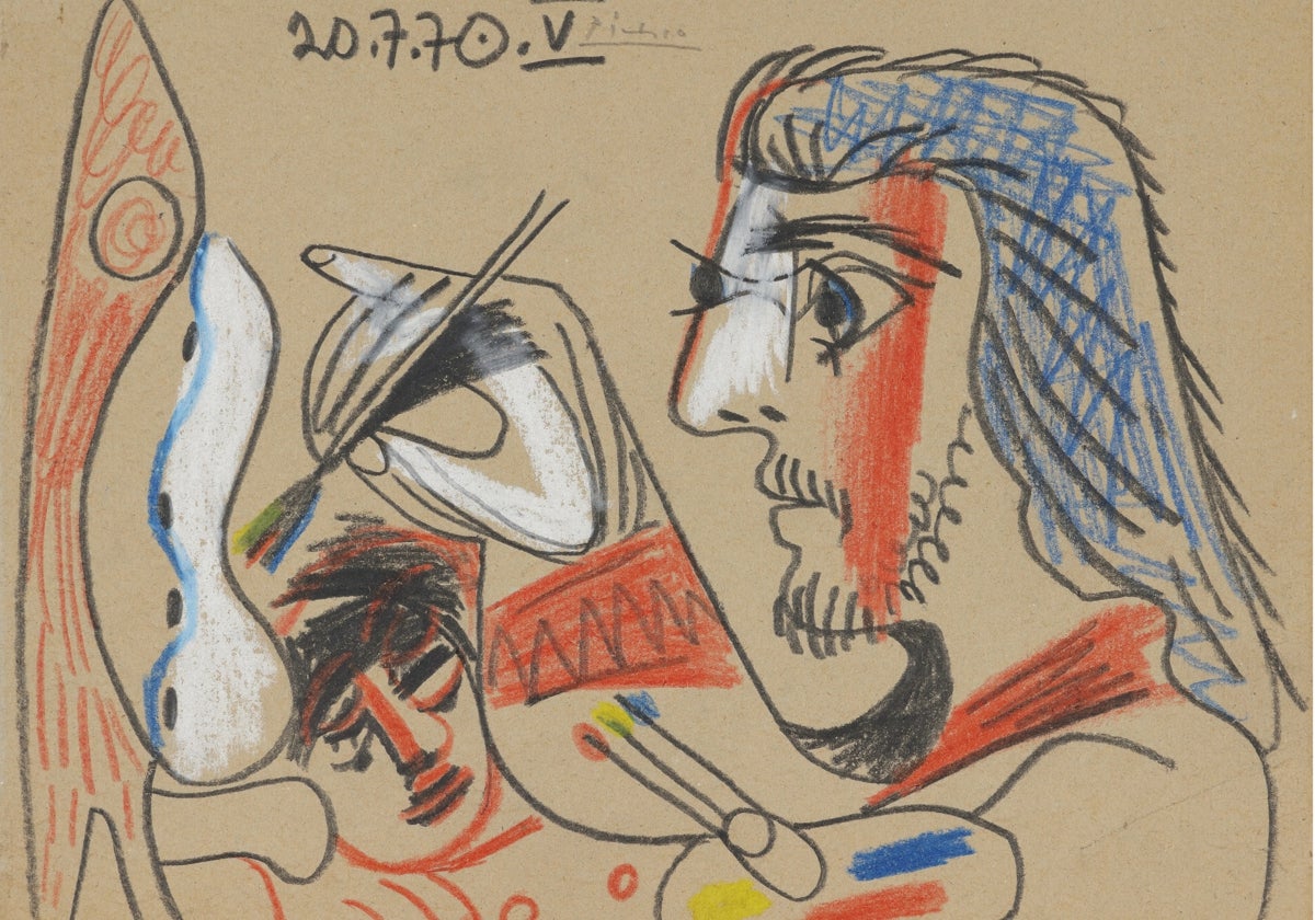 'Le peintre et son modèle' (1970). Ceras, lápices de colores y carboncillo sobre cartón