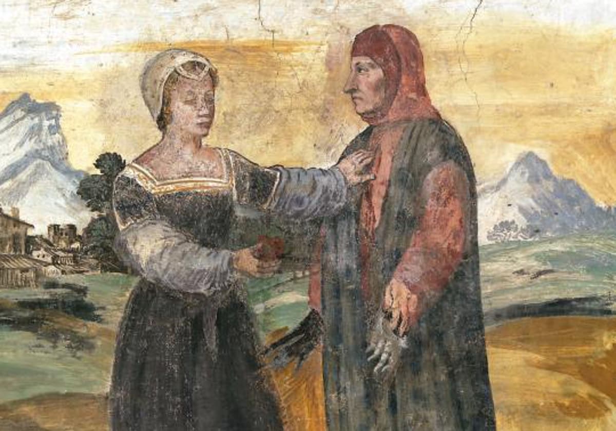 Petrarca y su amada Laura en un fresco de la época