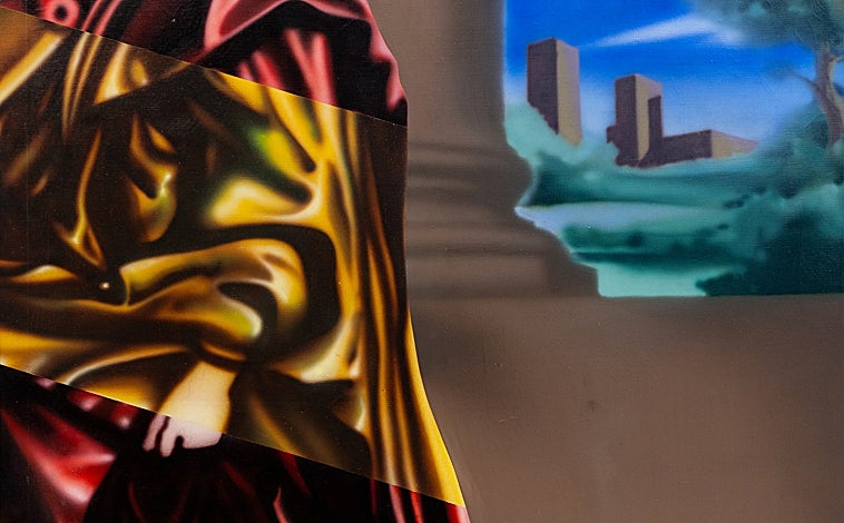 Imagen principal - Sobre estas líneas, 'El zurdo' y 'Vista del Alcázar de Toledo durante el asalto en septiembre de 1936', óleo de 1974. Arriba, 'Richelieu transnacionalizado II' (1972)