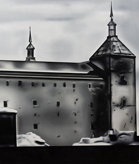 Imagen secundaria 2 - Sobre estas líneas, 'El zurdo' y 'Vista del Alcázar de Toledo durante el asalto en septiembre de 1936', óleo de 1974. Arriba, 'Richelieu transnacionalizado II' (1972)