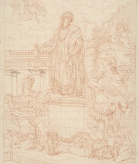 Imagen secundaria 2 - Sobre estas líneas, ‘Ciudadana de Bilbao’. Dibujo preliminar de Luis Paret. A la derecha, 'Felipe de Borgoña personificando la Orden del Toisón'. Dibujo de contorno para grabar por Manuel Salvador Carmona. Lápiz rojo y negro. Arriba, 'La familia de Felipe IV'. Dibujo para grabar por Francisco de Goya