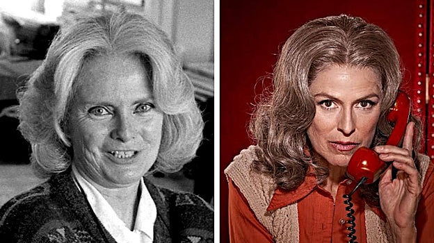 Carmen Díez de Rivera y Mónica López caracterizada como la política