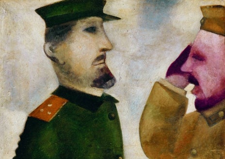 Imagen secundaria 1 - Arriba, boceto definitivo para 'La paz', vidriera de la ONU, Nueva York, 1963. Colección particular. Sobre estas líneas, a la izquierda, 'El saludo'. Museo de Arte y de Historia del Judaísmo, París. Depósito