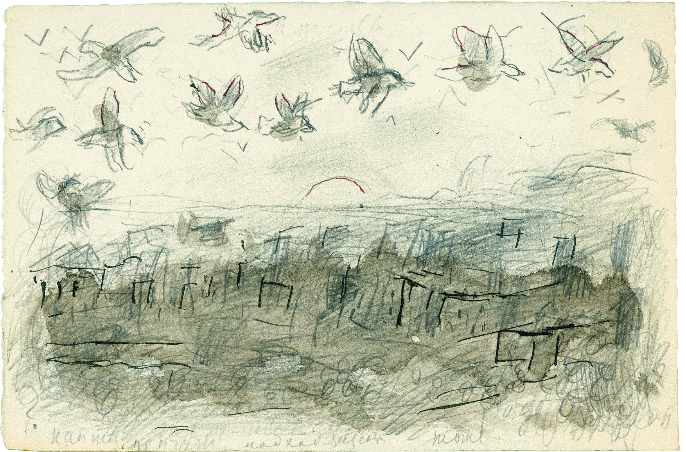 Imagen secundaria 1 - Sobre estas líneas, estudio para 'Y sobre la tierra...' (1977) y 'Resurrección' (1937). Arriba, estudio para 'La Revolución' (1937)