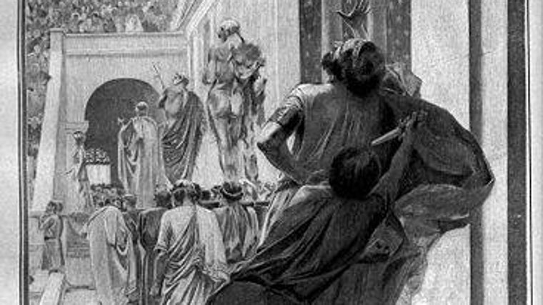 Dibujo de André Castaigne (1898-1899) del asesinato de Filipo de Macedonia