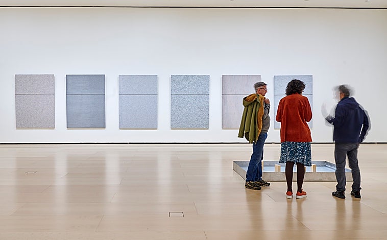 Imagen principal - Arriba, 'Sin título'. Colección del artista, Turín. Sobre estas líneas, a la izquierda, 'Sin título (Estructura que bebe)', colección de Carine Szwajcer, Amberes, y 'Torsión', Galería Cívica de Arte Moderna y Contemporánea, Turín. A la derecha, 'Sin título (El algodón empapado se arroja contra el cristal y ahí permanece', The Sonnabend Homem Collection